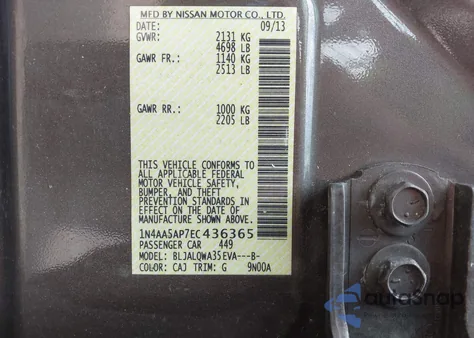 2014 Nissan Maxima 3.5 S z USA, uszkodzony, nr VIN 1N4AA5AP7EC436365